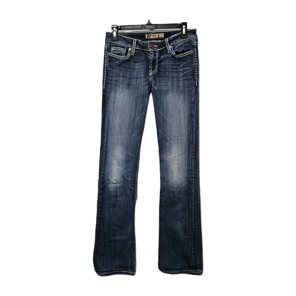 BKE Jeans Women 26 Blue Kate Bootcut Low Rise Contrast Stitch Distressed Denim